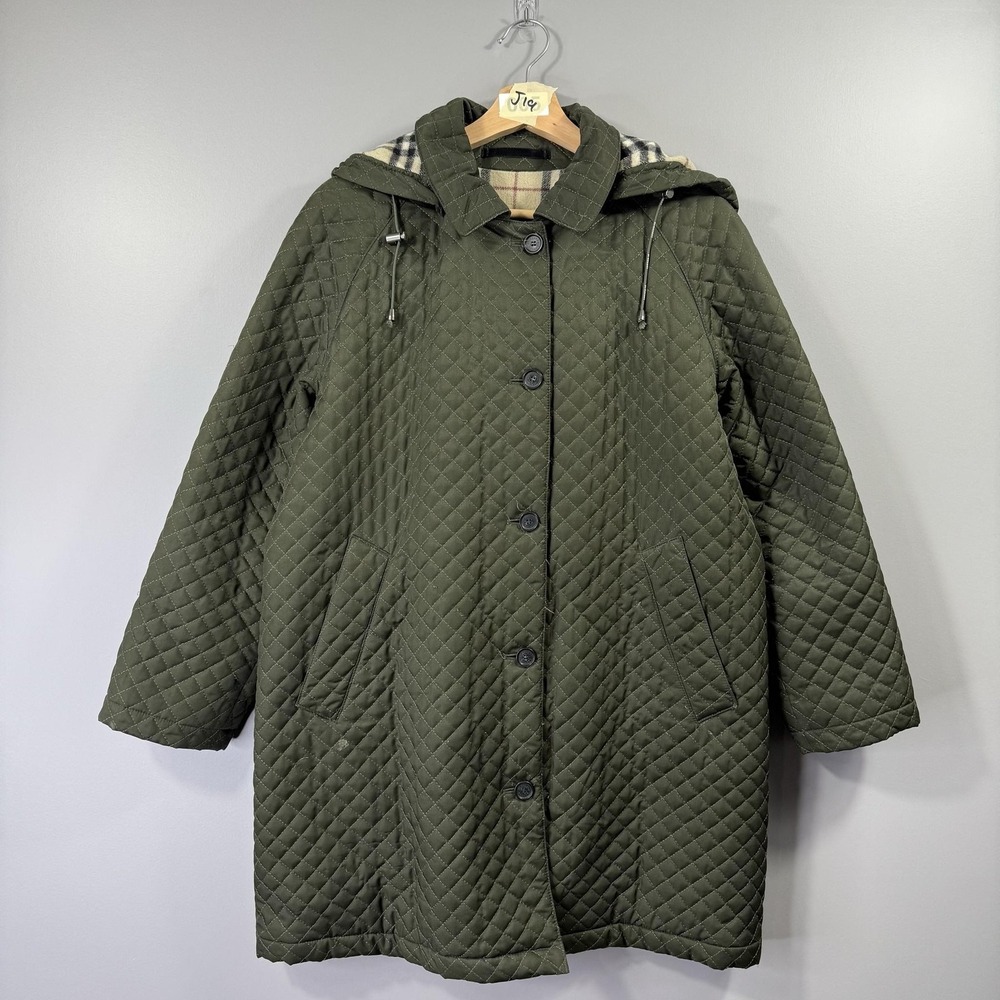 Burberry London Coat Womens 6P Green Quilted Hooded Mid Length Plaid Lined